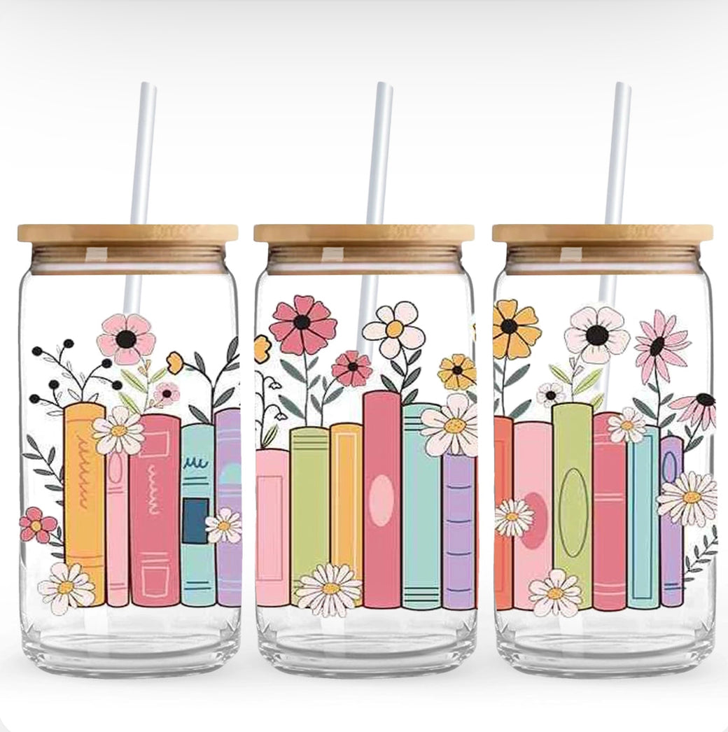 Rainbow Books and Flowers Glass Cup