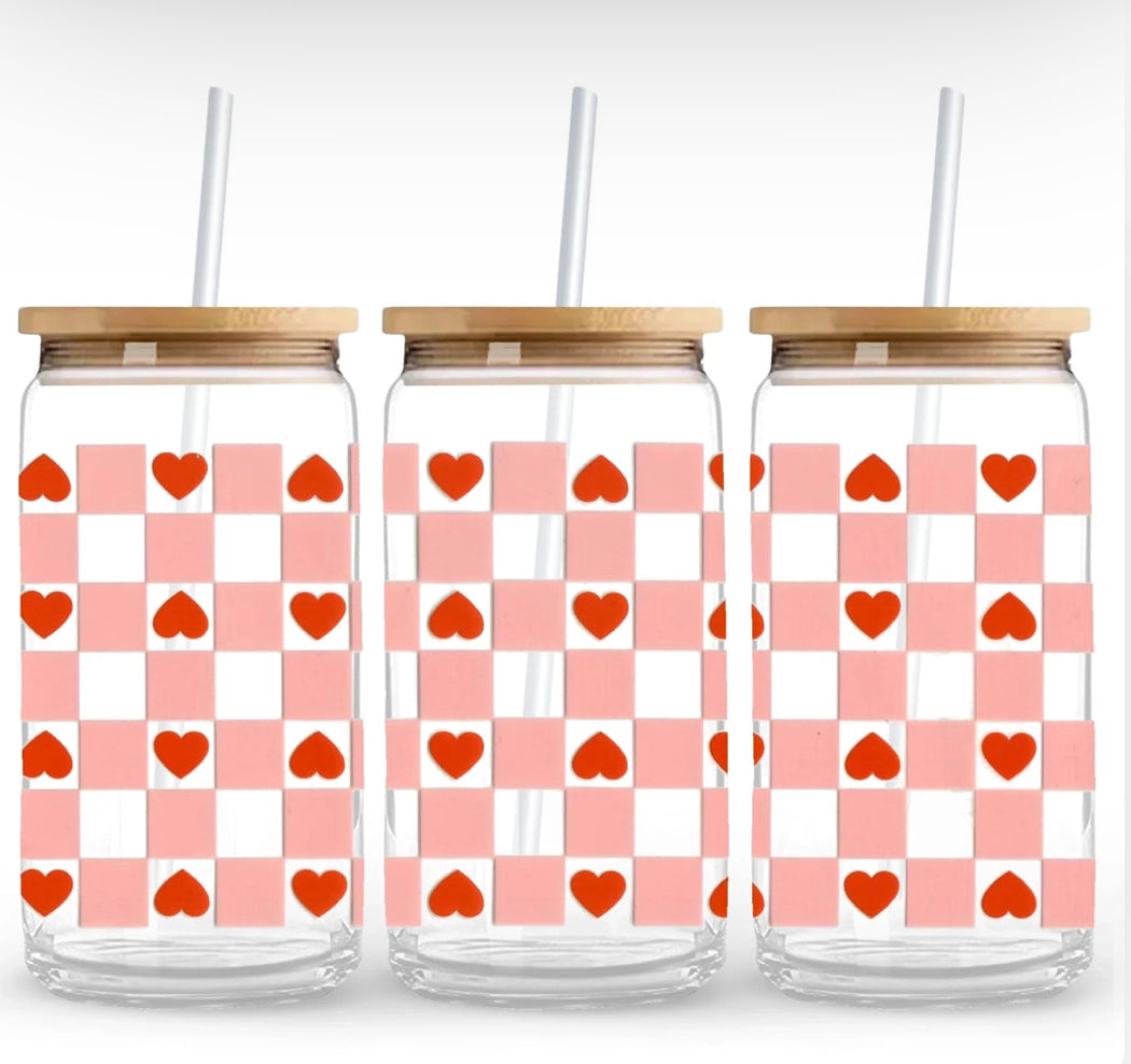 Checkered Hearts Glass Cup